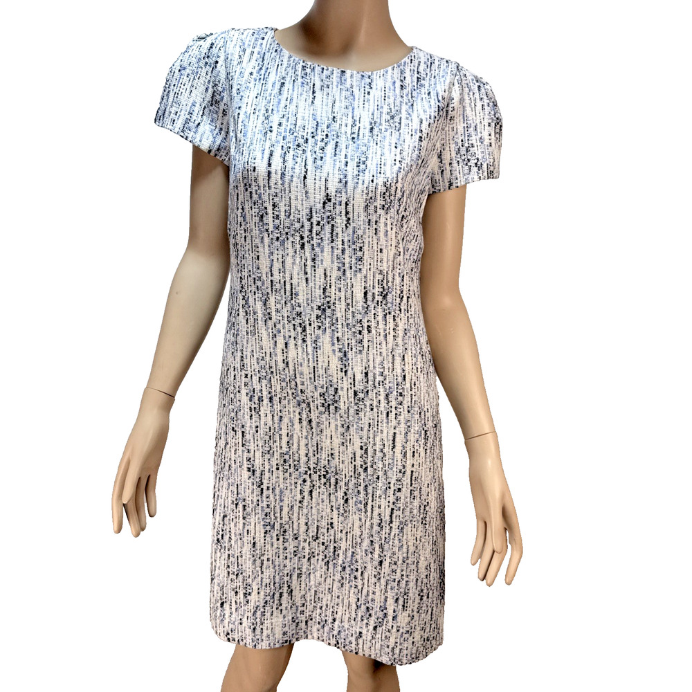 J Peterman 60s Melange Tweed Dress Size 10 Mod Shift Cap Sleeve Blue Black Ivory